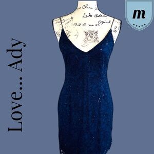 Love… Ady Navy Sequin Mini Cocktail Dress Lined V-Neck Spaghetti Strap NWOT Med